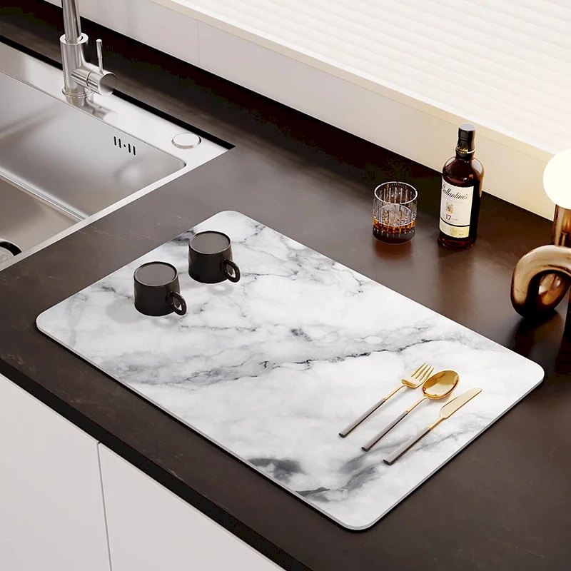 VIKAMA Modern Marble Printed Dishwashing Mat, White Gray Gold Texture Anti Slip Absorbent Countertop Mat For Home Decoration