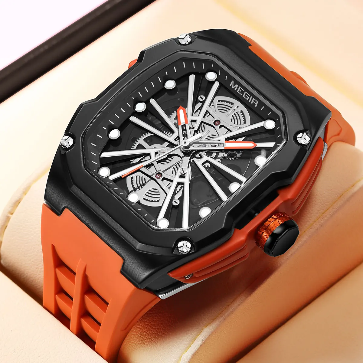 MEGIR Luxury Tonneau Skeleton Mechanical Men Watch with Mineral Glass Fashion Hollow Dial Sports Silicone Band Male Wristwatch