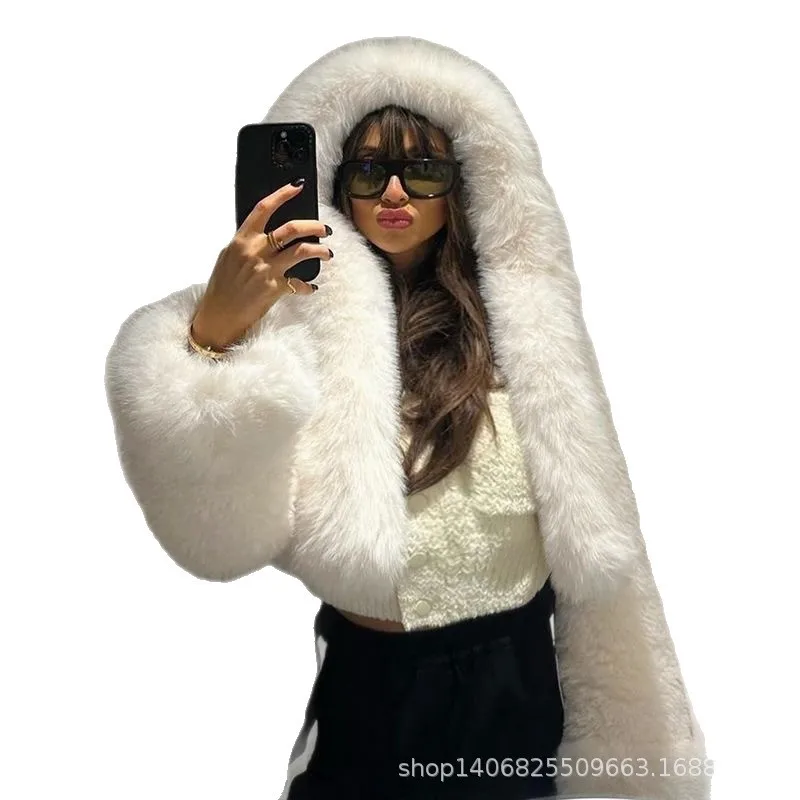 Minimalistische winter dames nertsbont jas pure kleur bontafwerking capuchon pluche eco bontjas voor dames veelzijdige warme vrouwelijke bontjas