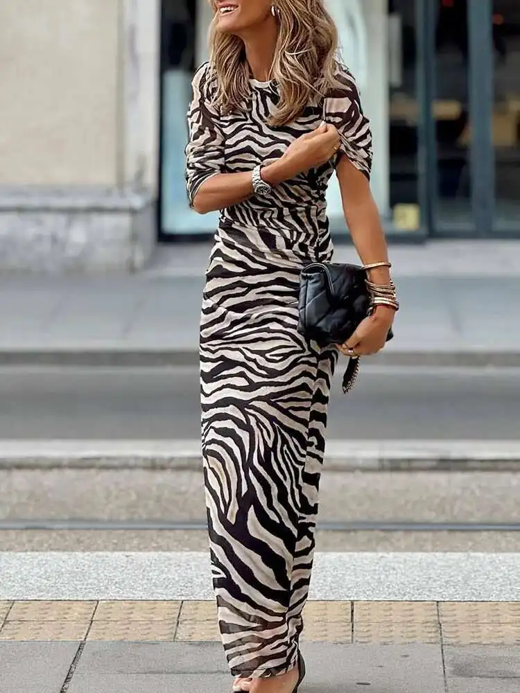 Nuevo cuello redondo mujer Casual estampado verano Vintage mujer manga larga ajustado 2025 Oficina señora vaina vestido hasta el tobillo