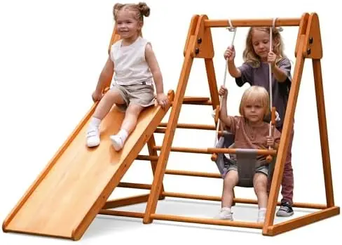 4-in-1 Juniper Outdoor Play Gym - Jungle Gym Playset with Baby Swing, Slide, Ladder, and Clim Wall - Foldable Wooden