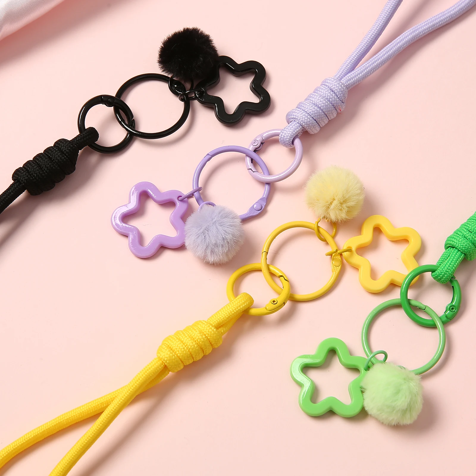 Candy‑Colored Hollow Star Pom‑Pom Keychain Braided Nylon Rope Lanyard Cute Soft Fuzzy Ball Bag Charm Lightweight Pendant