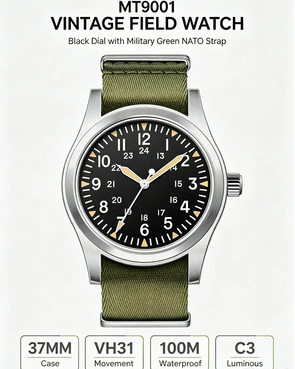 MILITREK 2025 Neue Militäruhr 37mm VH31 Herren Quarzuhr AR Saphir Edelstahl Wasserdicht 10Bar Leuchtend C3 Reloj Hombre – Detail 3