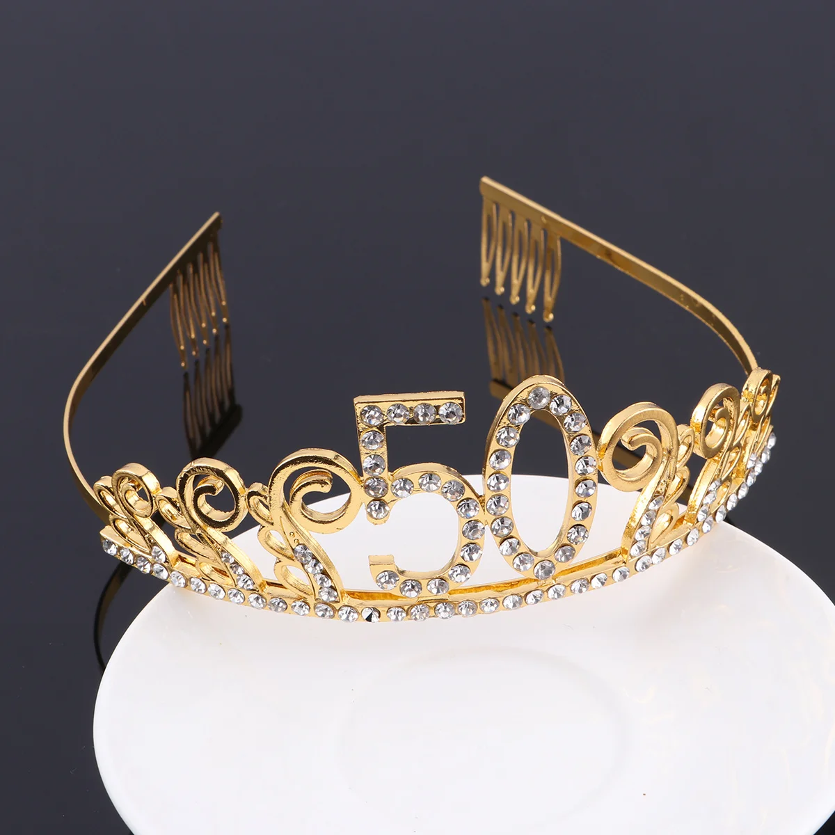

Charming Rhinestone Tiara 50th Birthday Crown Crystal Headband Dance Party Hair Combs Pin Gold Distinctive Wavy Design