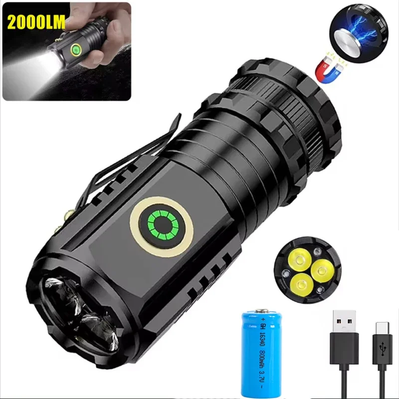 High Power EDC 3Led Flashlights Rechargeable Mini Tactical Torch with Powerful Magnet Side Clip Outdoor Bright Fishing Lantern