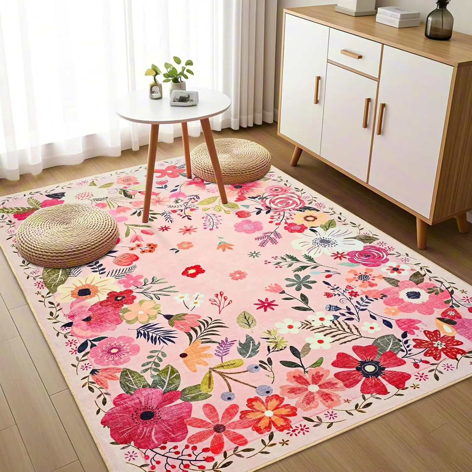 Pink Floral Washable Area Rug, Soft Non-Slip Floor Mat for Girls Bedroom, Nursery, Entryway & Farmhouse Decor