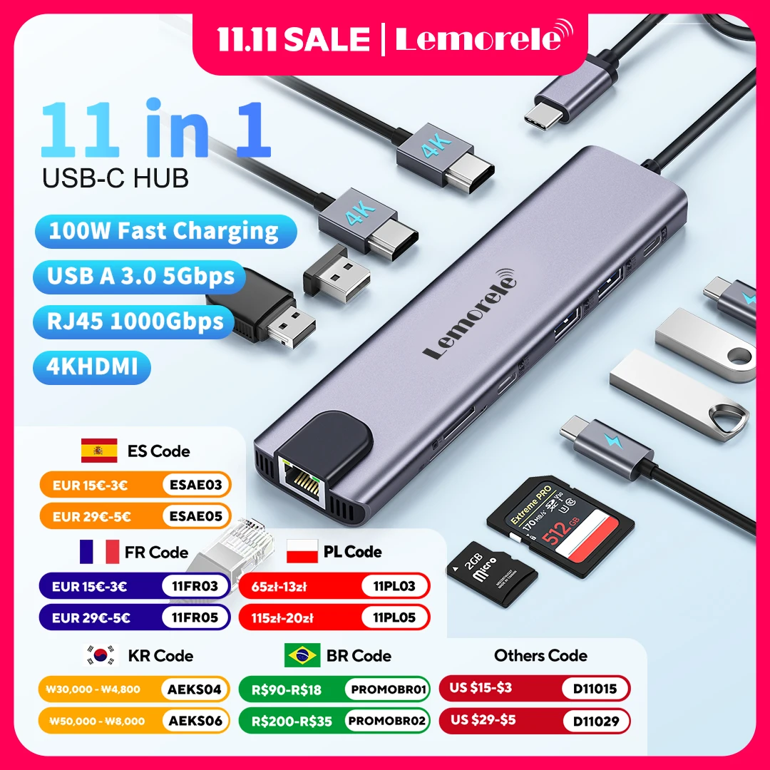 

USB-концентратор Lemorele 11 в 1, 4K, HDMI, Type-C, 100 Вт, PD RJ45, 480 Мбит/с