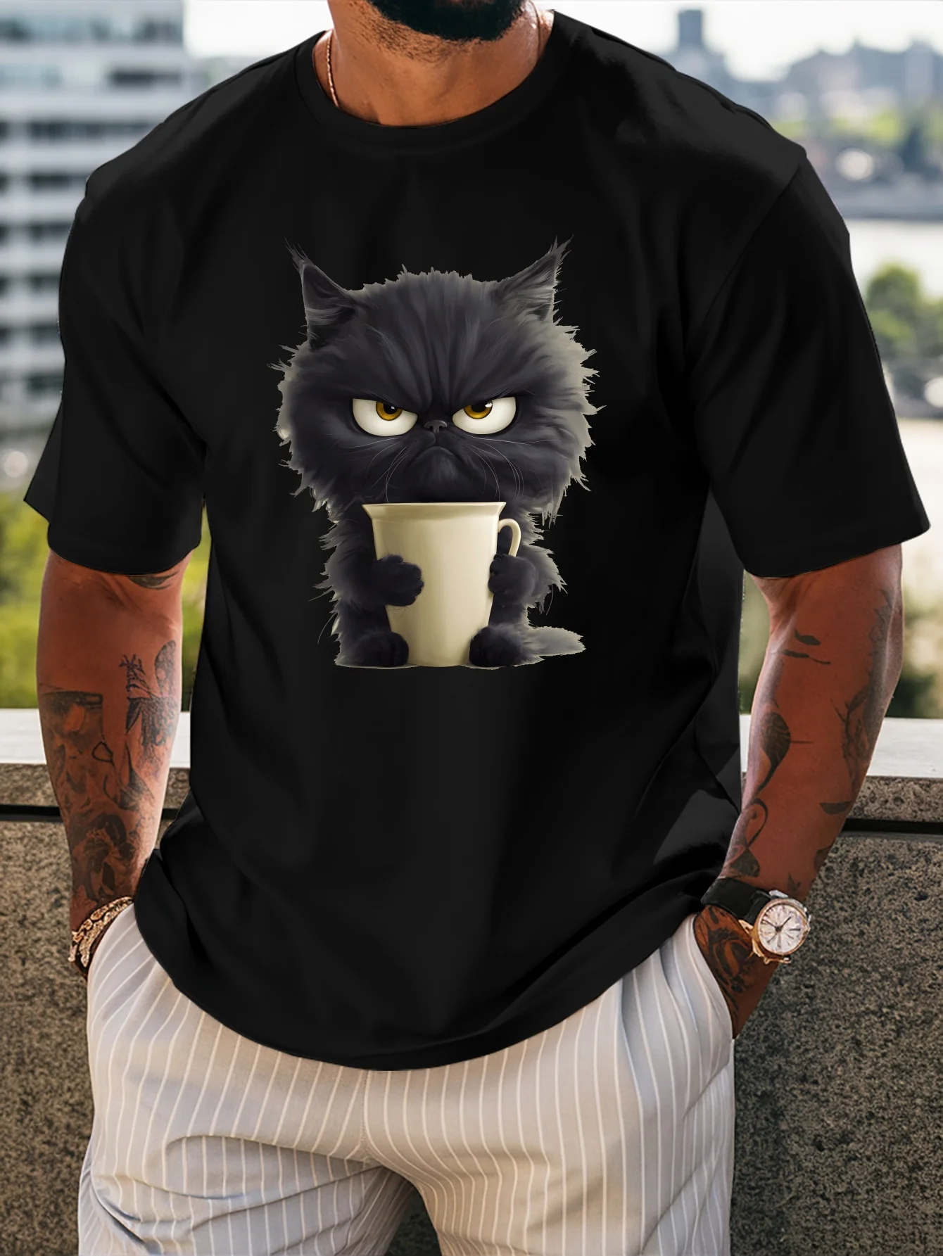 Men Short Sleeve Crew Neck Tee Moody Black Cat Coffee Cup Graphic Print Casual Lightweight T Shirt Summer Daily Fashion Tops