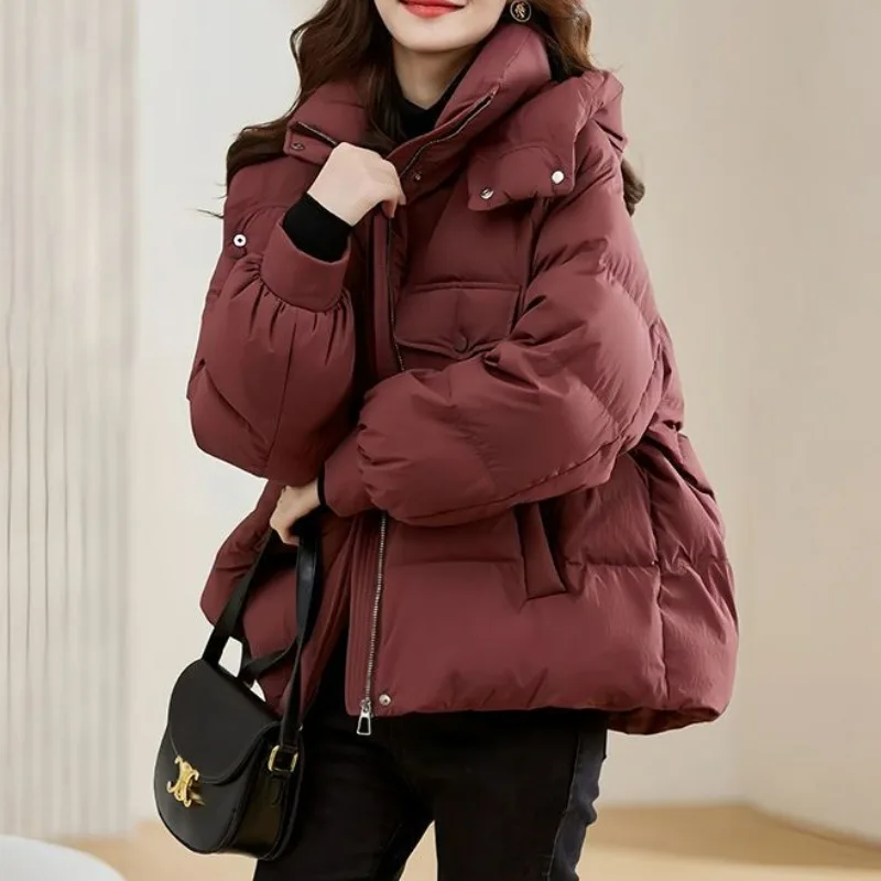 

Hooded ort Thiened Cotton Jaet Stand Collar Loose Winter Outerwear Warm Coat Large Size Commute Sle Pure Color Women'...