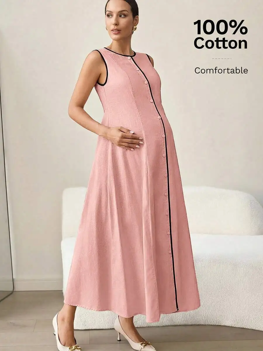 

Maternity Dress Sleeveless Round Neck Button Front Cotton Long Maxi Dress For Office Summer