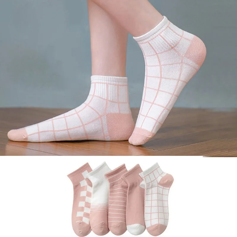 Non-Slip Stripe Impresso Socks para Mulheres, Durável, Simples, Doce, Fino, No Show, Barco, Moda, Senhoras, AZ103, 5 Pares