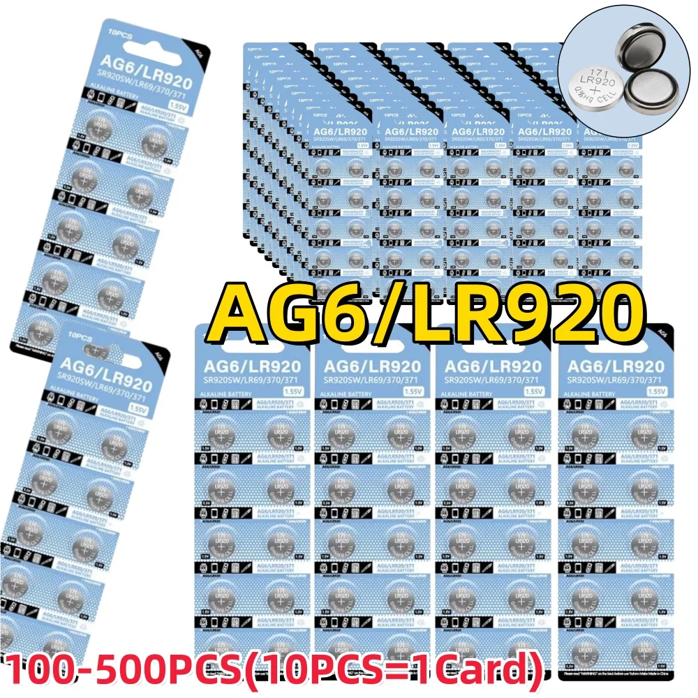 

100-500Pcs AG6 High Quality Alkaline Button Batteries LR920 SR920SW 371 SR69 L921Cell Coin Battery For Watch Toys Calculators