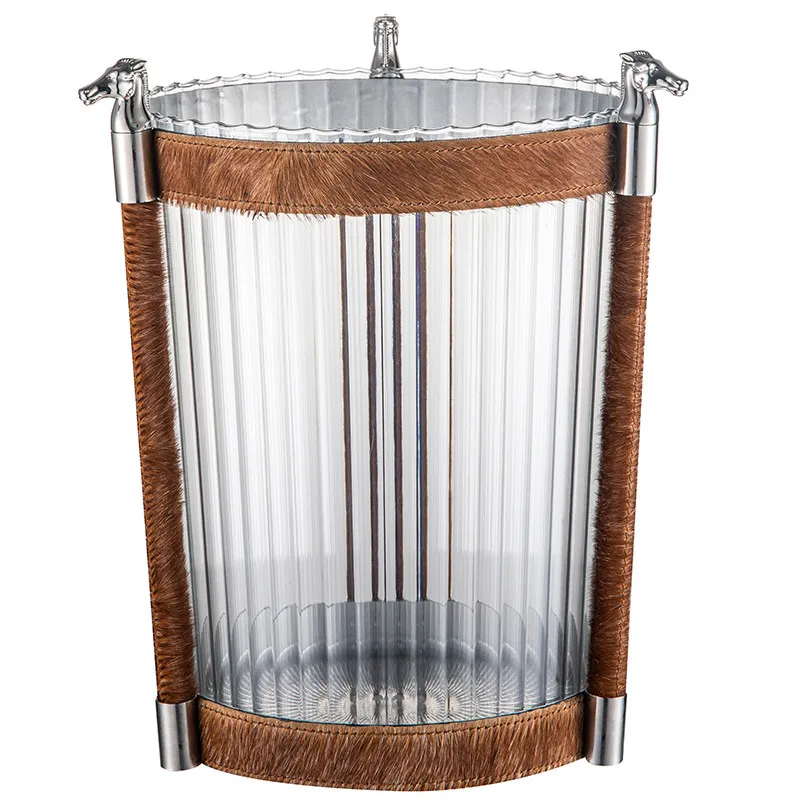 Luxury Trash Can Transparent Decorative Trash Bin Stainless Steel Leather Horsehair Litter Bins Living Room Room Office Dustbin