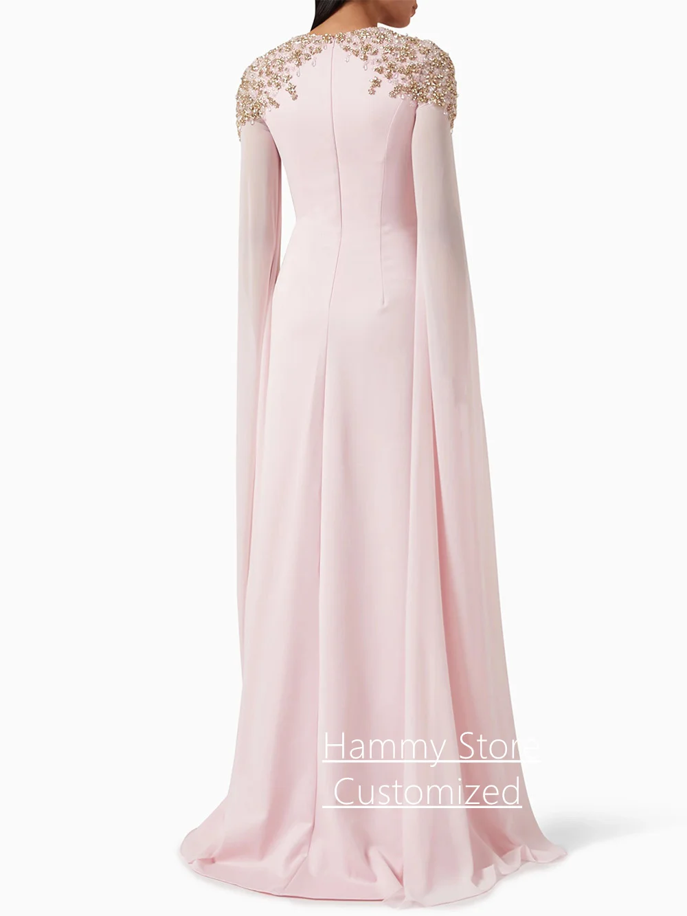 Pale Pink Evening Dress with Beading Crystal Customized Round Neck Long Sleeves Arabian Wedding Party Gown Prom Dresses image 2