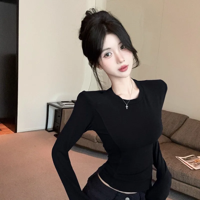 Two Fake Purple Mesh Long-sleeved T-shirts Women Autumn Winterbackless Fishbone Top Base Layer Look Extremely Beautiful Stunning