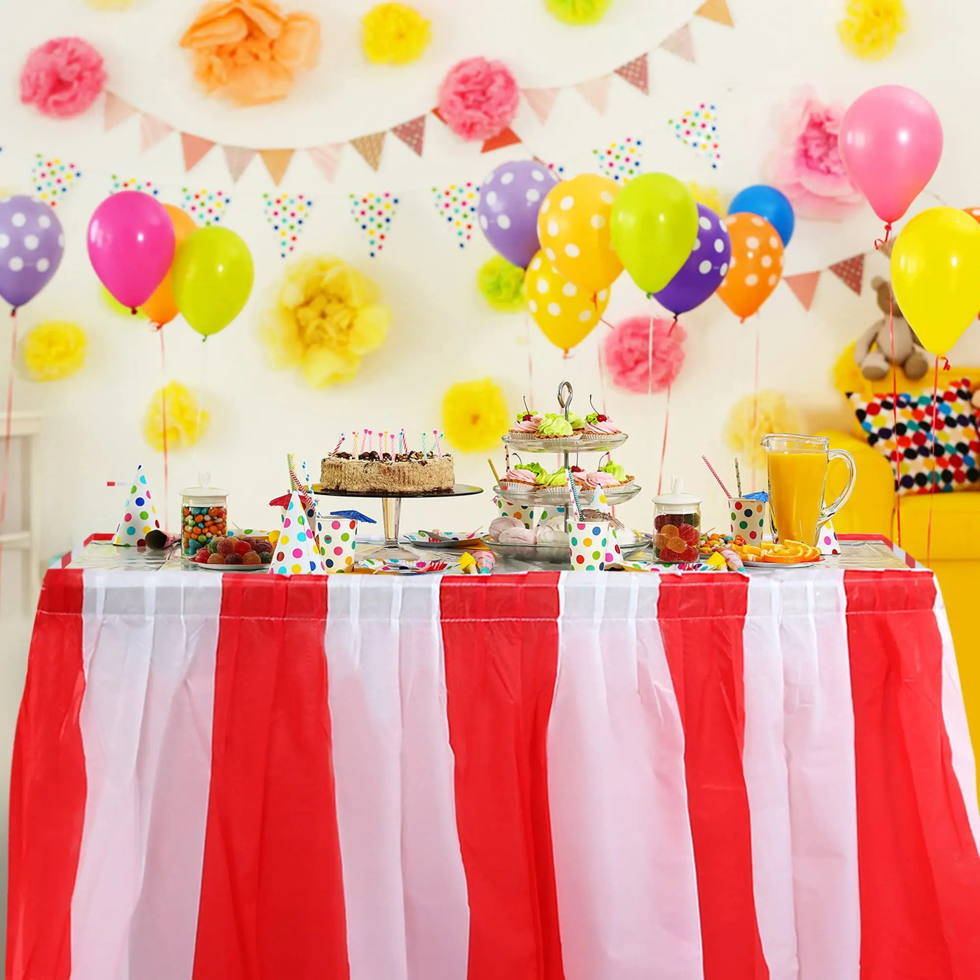 Red White Striped Table Skirt Disposable Circus Table Skirts Happy Birthday Wedding Festival Plastic