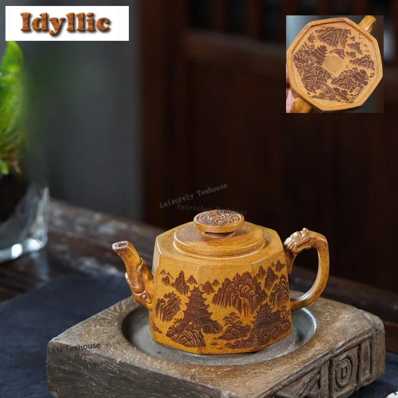 

390 мл Ретро Исин фиолетовые глиняные чайники ручной работы пейзажный горшок с необработанной рудой грязевой чайник китайский чайный сервиз Цзыша украшение подарок