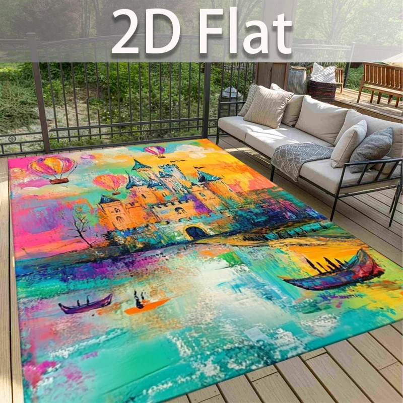 Oil Painting Castle Hot Air Balloon Lake Boat Outdoor Patio Area Rug, Vibrant Impressionist Scenery Non-slip Balcony Floor Mat
