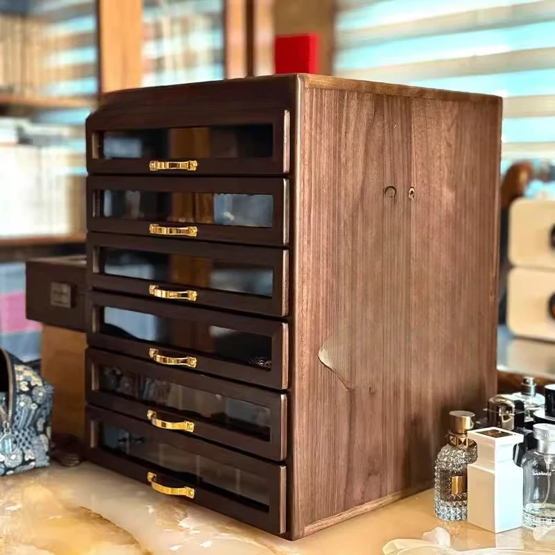 Walnut six draw twelve draw jewelry box Wenwan solid wood storage cabinet
