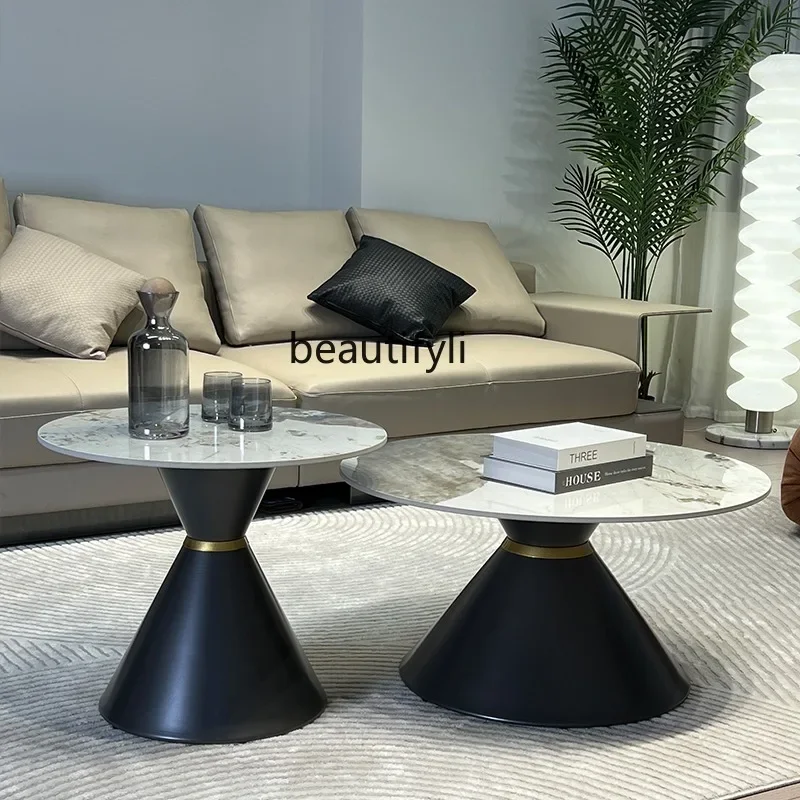 Light Luxury Stone Plate Coffee Table round Combination Hourglass Tapered Modern Living Room Coffee Table