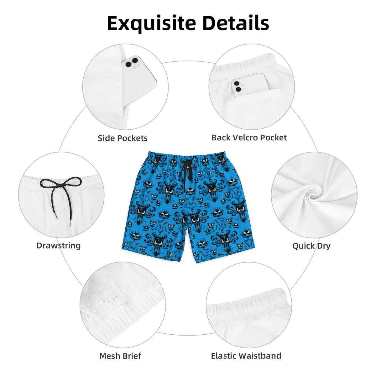 Custom Happy Haunted Swim Trunks Men Quick Dry Board Shorts Halloween Ghost Haunted Mansion Swimwear Suits Boardshorts