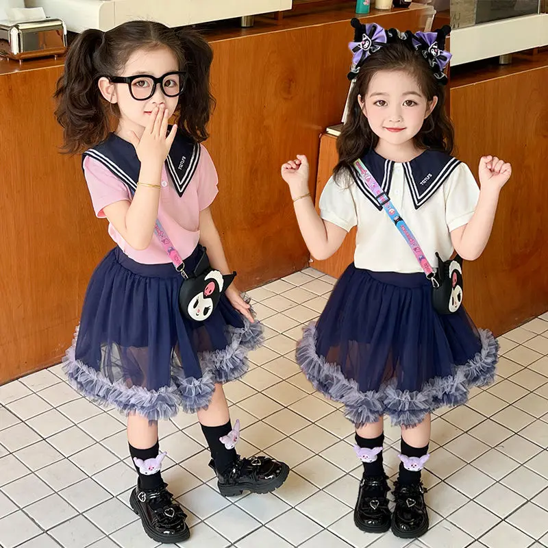 Girls Jk Suit Cartoon Kuromi Children Short Sleeve Pleated Skirt Two Piece Set Summer Preppy Style Uniform Suit Fashion Dress