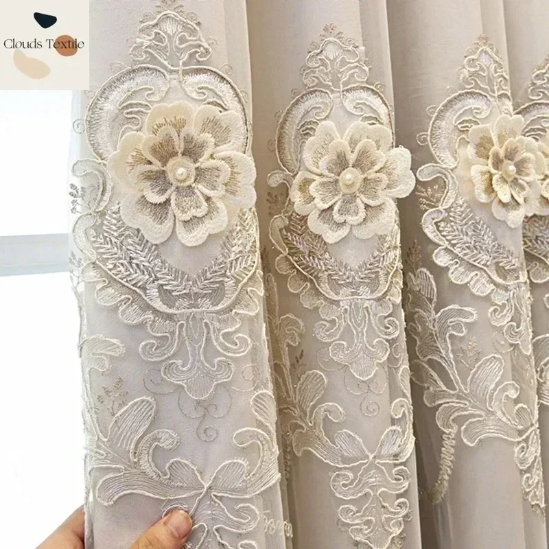 Luxury Double Layer Embroidery Curtains for Living Dining Room Bedroom Tulle Lace Romantic Embossed Sheer Window Door Customize