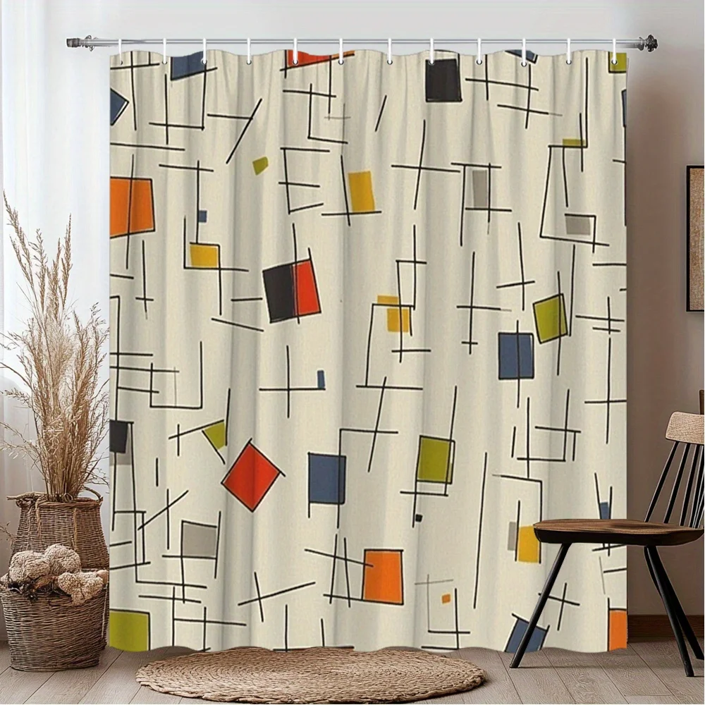 Mid-Century Modern Abstract Geometric Shower Curtain - Beige Background with Red, Orange, Yellow, Blue, Green, Black Shapes, Was