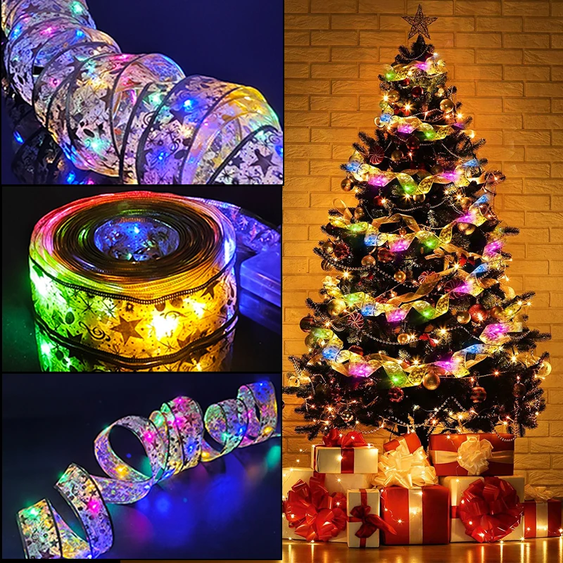 Kerstboom Ornamenten Led Lint Verlichting Snaren Diy Kanten Strikken Sprookje Licht String Bruiloft Decor Licht Festival Decor