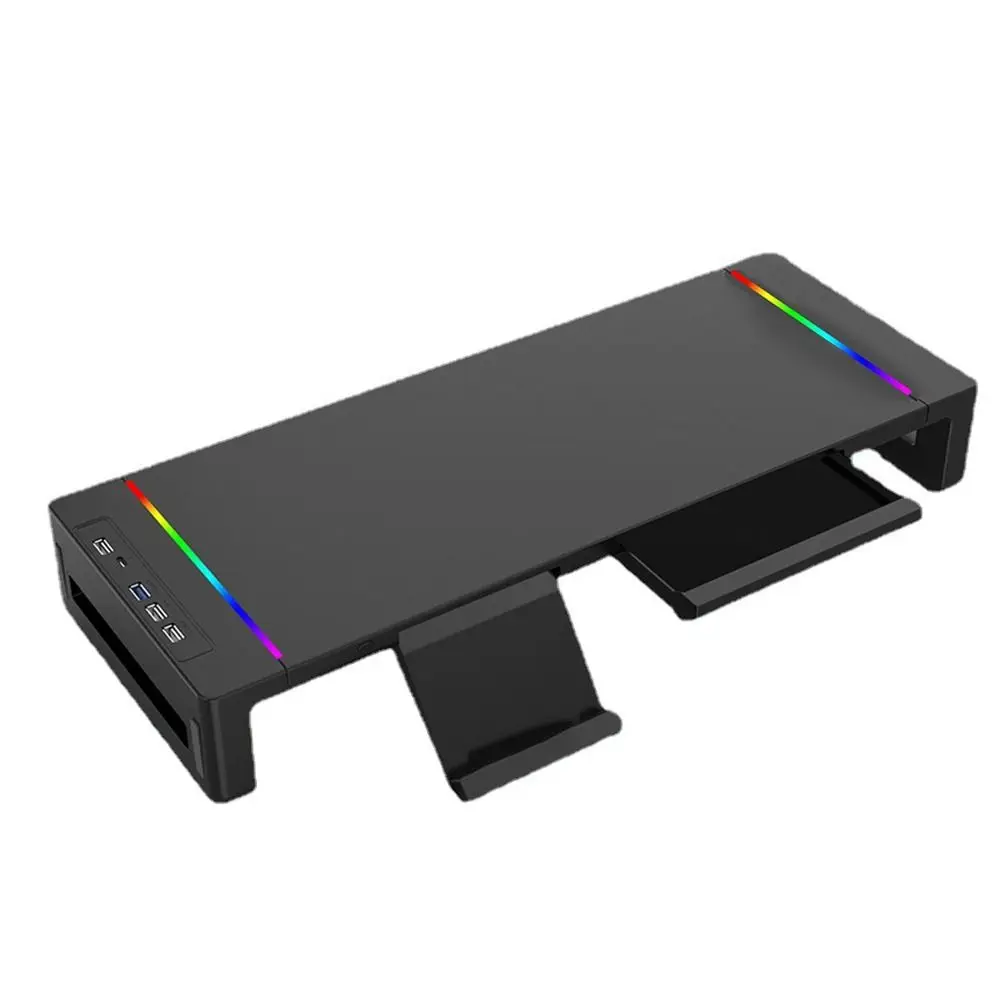 

RGB Lights Monitor Stand Riser with USB Foldable USB 3.0 & 2.0 Hub Computer Display Stand Phone Holder with Storage Drawer