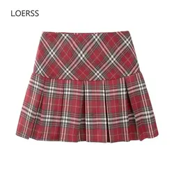 LOERSS Pleated Skirt Preppy Plaid Patchwork Short Skirt for Women High Waist Mini A-line Summer Hot Girls Versatile Short Skirts