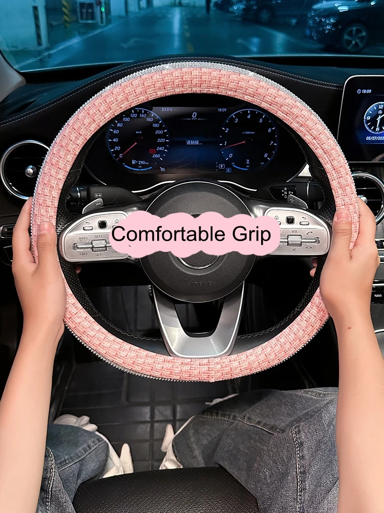 

New Summer Anti-slip Four Seasons Universal Flax Fashion Rhinestones Car Steering Wheel Cover Handlebar Cover