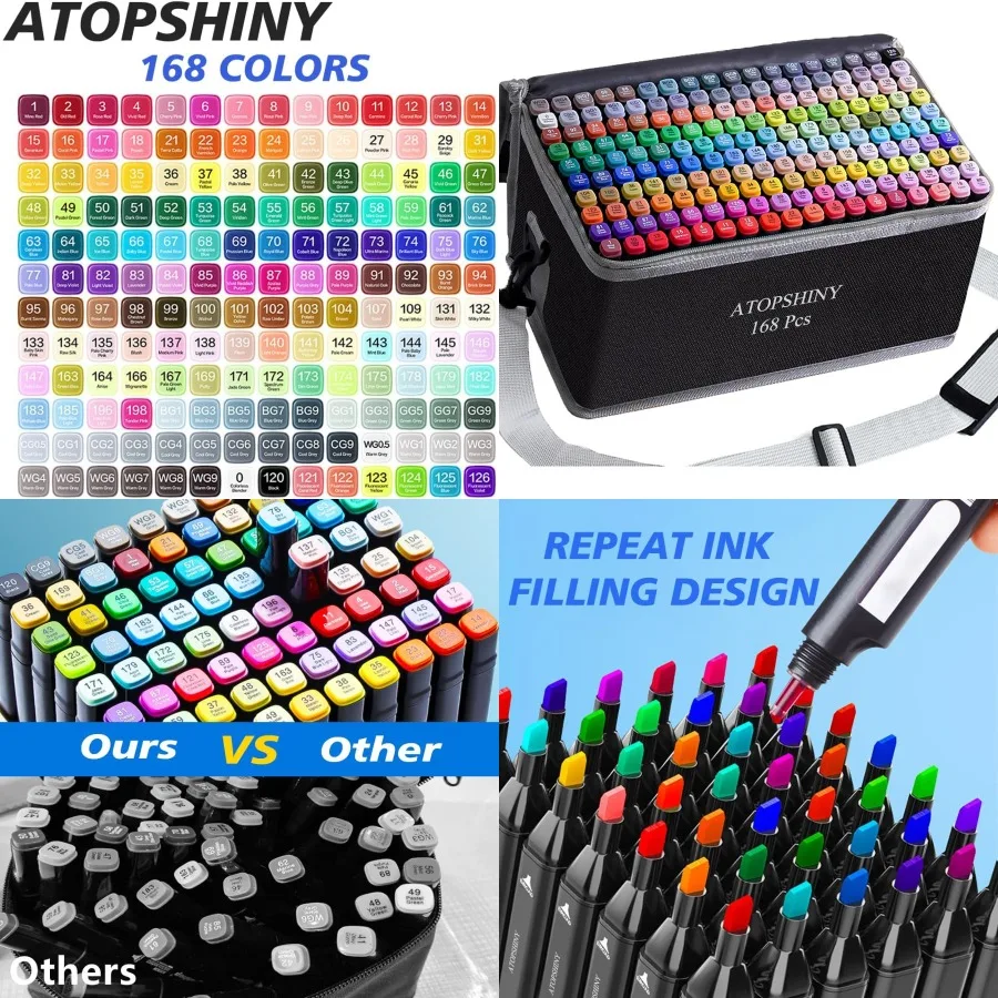 

Спиртовые маркеры, 168 цветов, набор ручек для рисования с двойным наконечником, перманентные художественные маркеры для взрослых, многоразовый черный корпус, креативный
