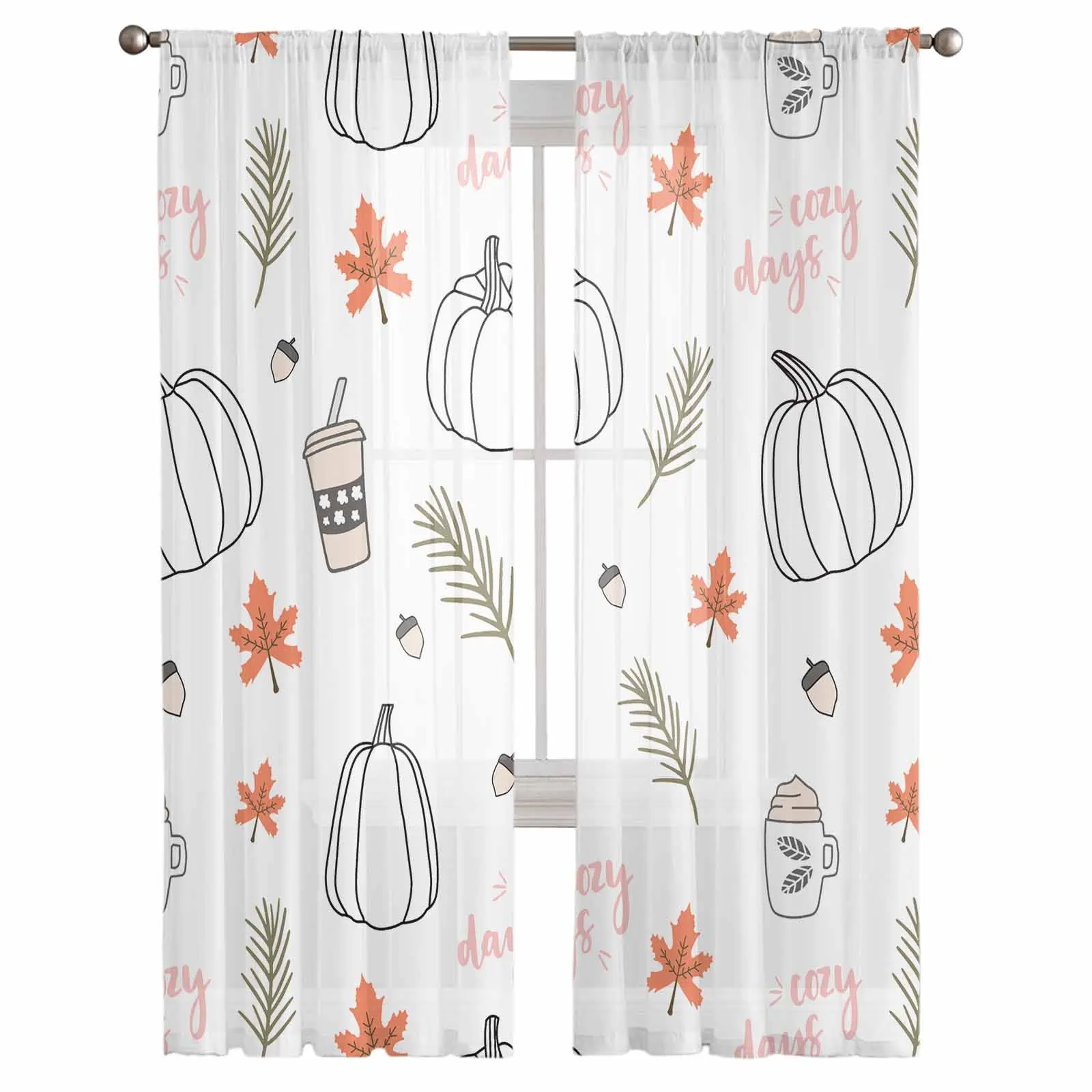 Thanksgiving Pumpkin Maple Leaf Coffee Curtains Living Room Bedroom Kitchen Decoration Window Voiles Organza Tulle Curtain