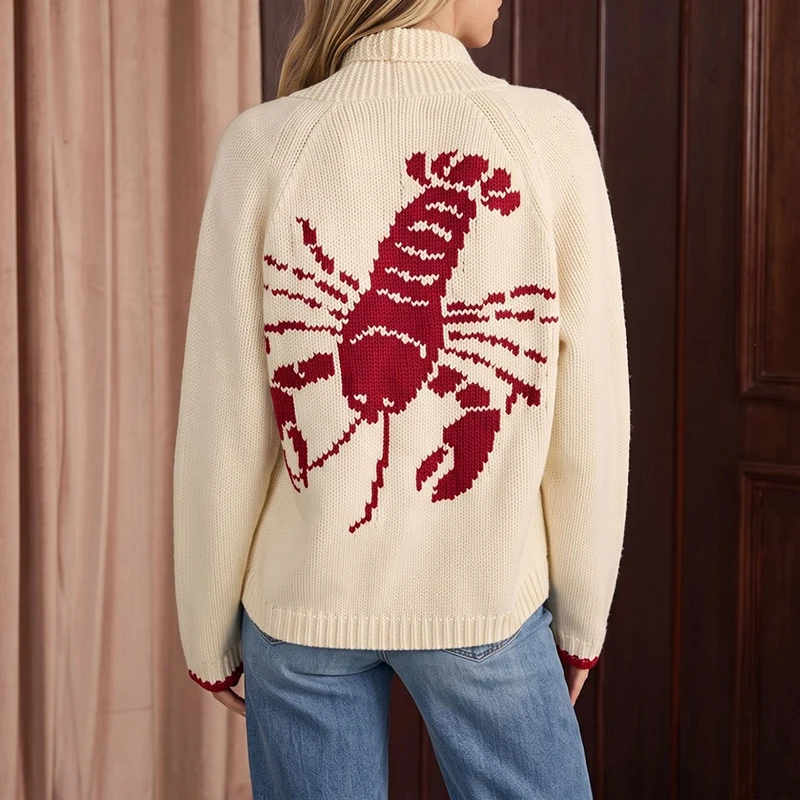 Autumn Winter Loose Warm Commute Jumpers Vintage Animal Printed Lapel Knitted Cardigans Elegant Long Sleeve Casual Women Sweater