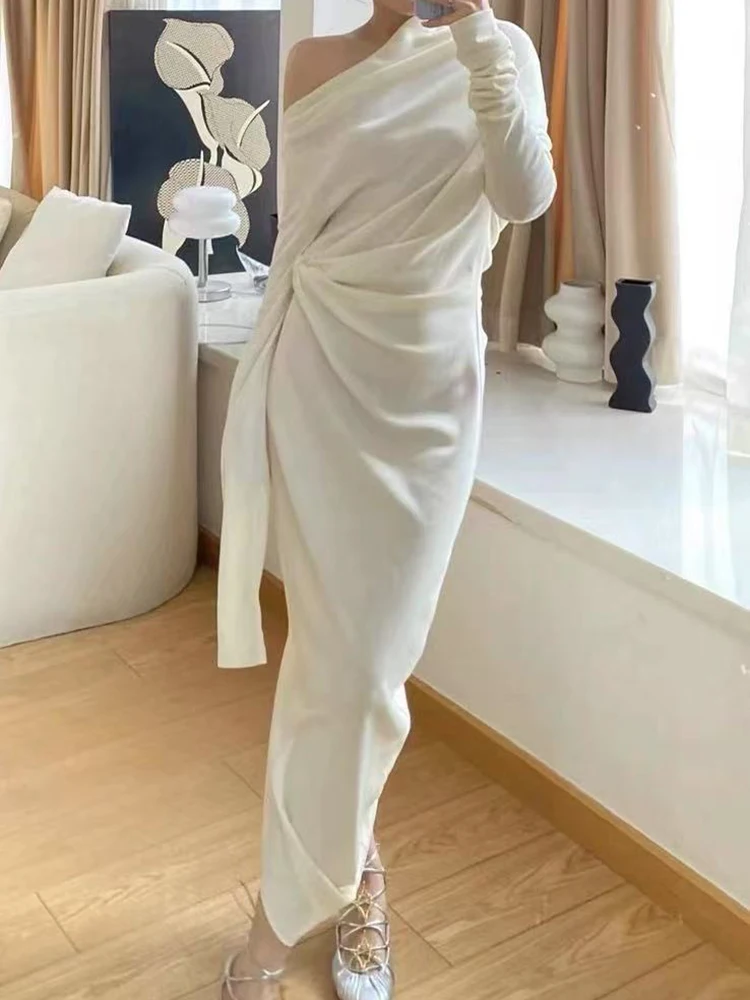 

Twisted cross-neck knitted dress, adjustable neckline off-the-shoulder long dress for women, Spring 2025 new release