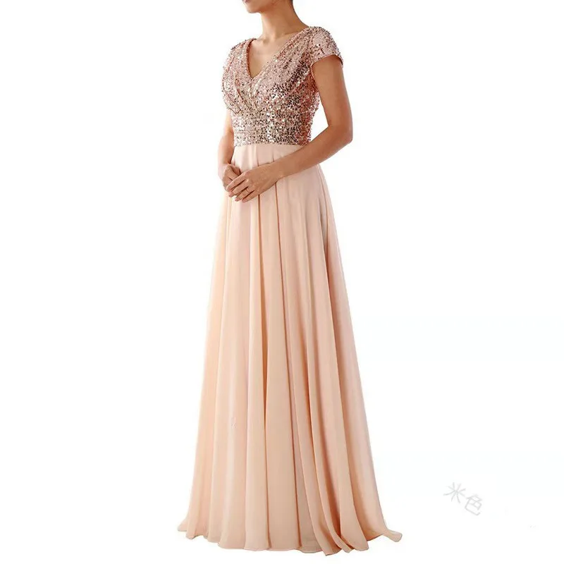 Women's Elegant A Line V Neck Long Sequin Chiffon High Waist Dress for Wedding Guest Summer Party Wedding Party Prom Gown