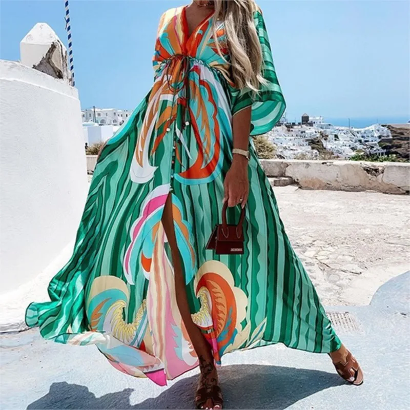Moda donna Boho Stampa Maxi Beach Dress Estate Profondo scollo a V Elastico in vita Abiti da festa per le donne Robe Femal Vestidos