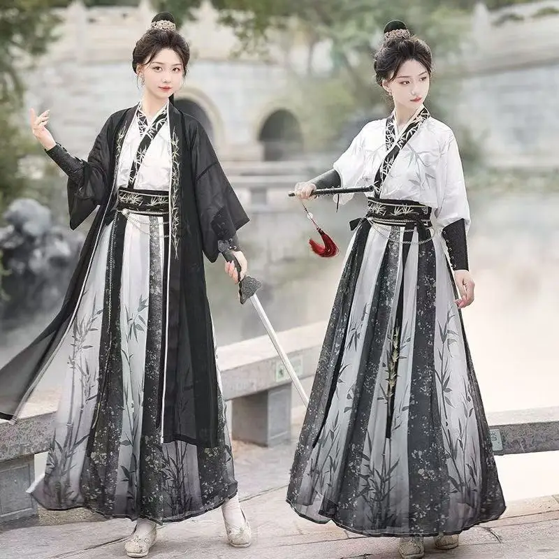 고대 무술 Hanfu 남자 여자 전통 대나무 인쇄 크로스 칼라 의상 빈티지 할로윈 코스프레 무대 쇼 정장