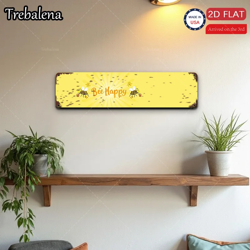 قطعة واحدة من لافتة معدنية، مقاس 4 × 16 بوصة "فن حائط مسطح Be Happy 2D، ديكور مزرعة ريفي للمطبخ أو غرفة المعيشة" #1