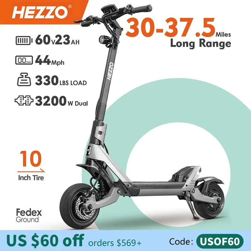 Электрический самокат HEZZO F6, 40 миль в час, 60 В, 3200 Вт, двухмоторный, 10-дюймовый внедорожный складной самокат, 23 Ач, 40 миль, полная подвеска дальнего действия
