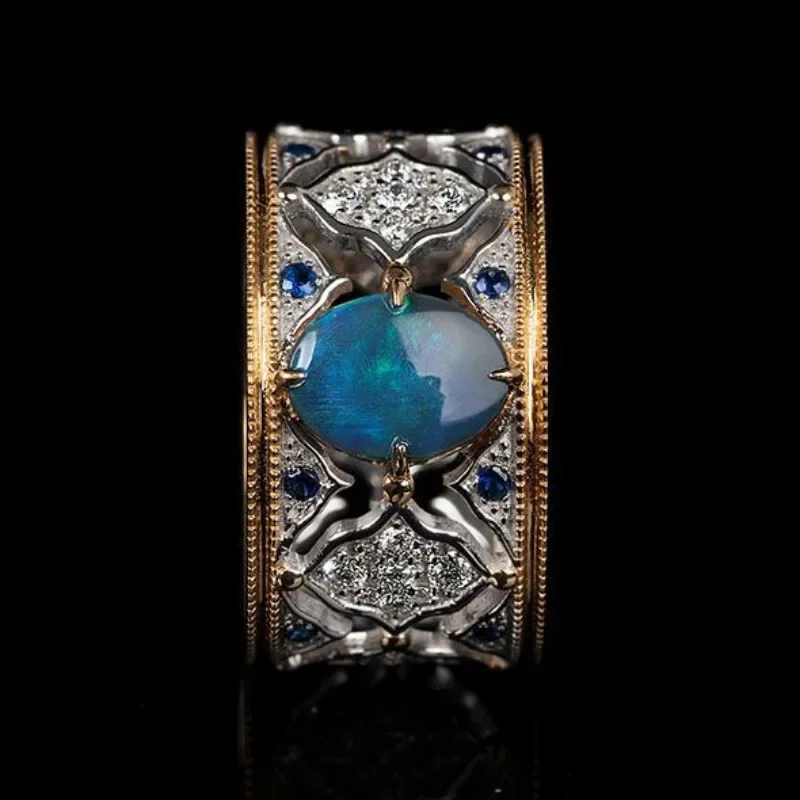 Creative Court Style Silver Inlaid BlueOpal Rings for Women Fashion Vintage Design Wide Hollow Out Engagement Ring Jewelry