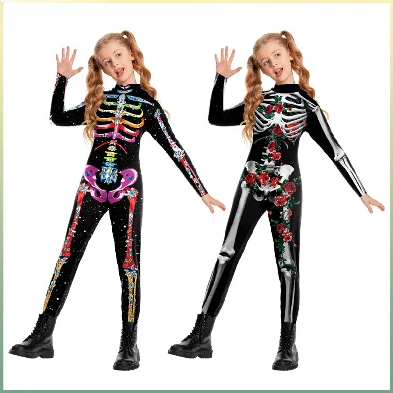 Halloween Cosplay Costume Digital Printed Long Sleeved Skull Jumpsuit Performance Theme Party Role Playing Outfirs for Girls