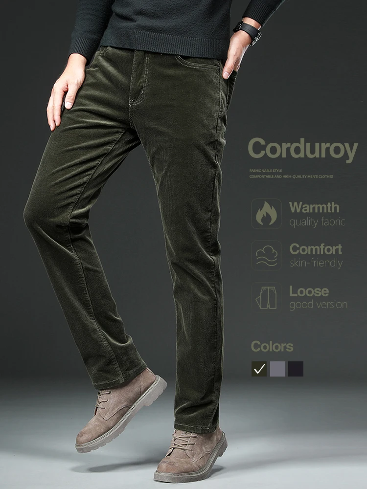

Corduroy Men's Casual Pants Elastic Soft Slim Straight Trousers Autumn Thick Black Gray Green Fashion Business Male Pants