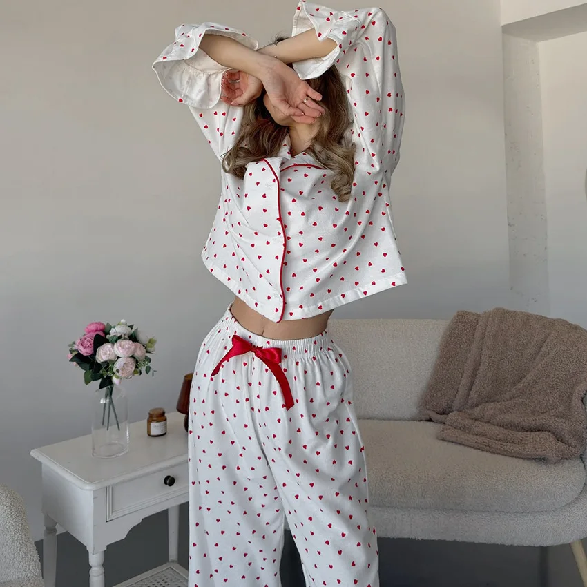 2026 Autumn New Women Two Piece Pant Set Heart Print Long Sleeve Pajama Set Loose Fitting Home Wear Floral Cozy Two Pieces Suit