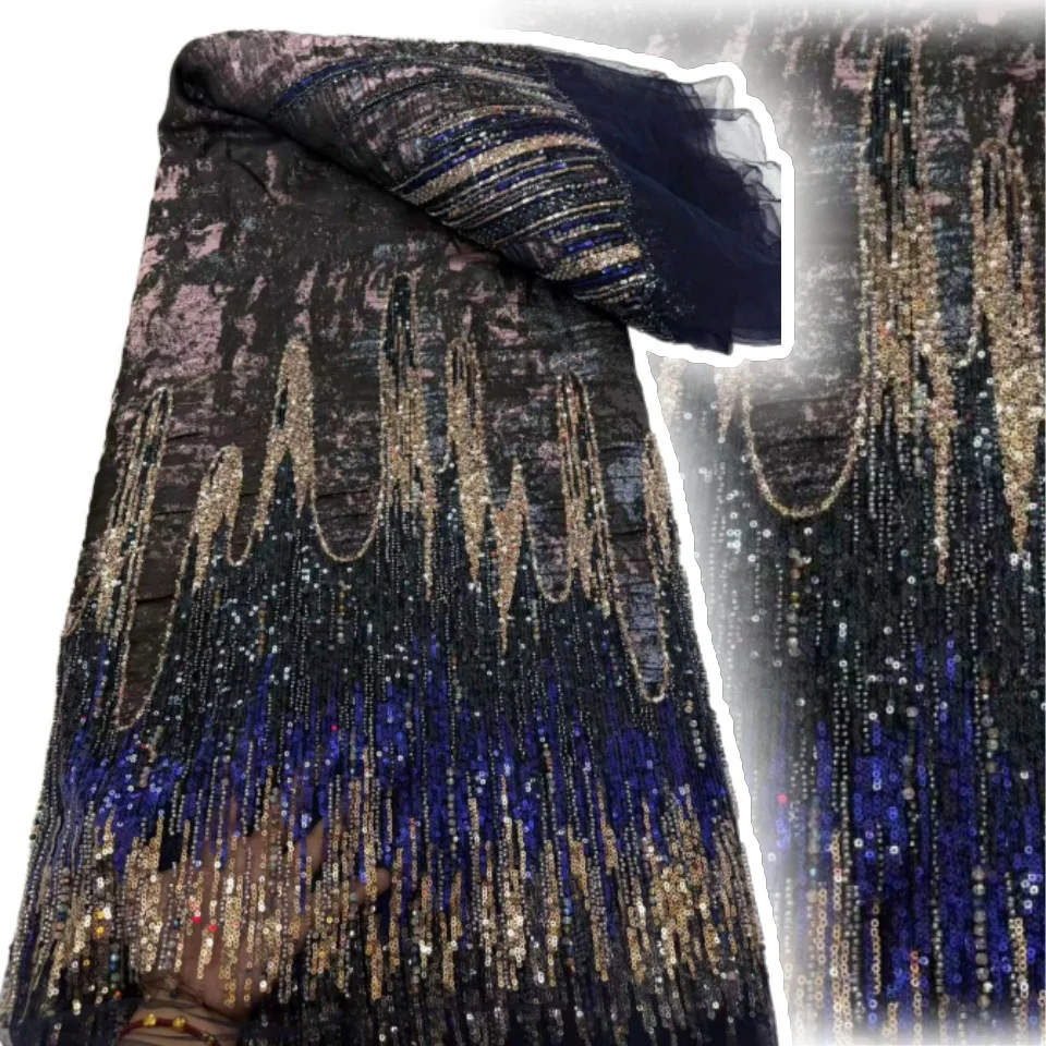 

Broderie Net Lace Fabric High Quality Handmade Hot Embroidery Sequins Net Lace with Beads for Party Evening Dress SZ1570