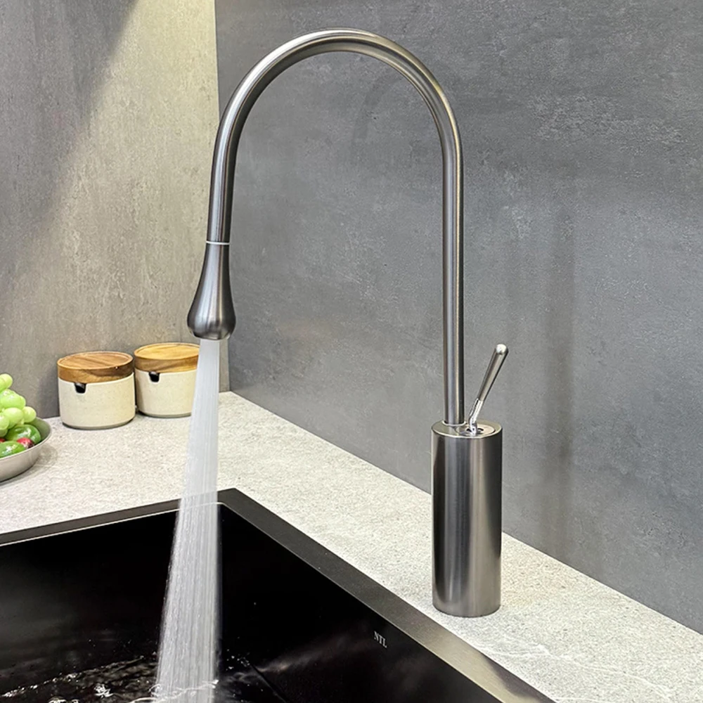 

Kitchen Basin Faucet 304 Stainless Steel Mixer Water Cold & Hot 360 Rotation Pulling Out Ceramic Valve Core