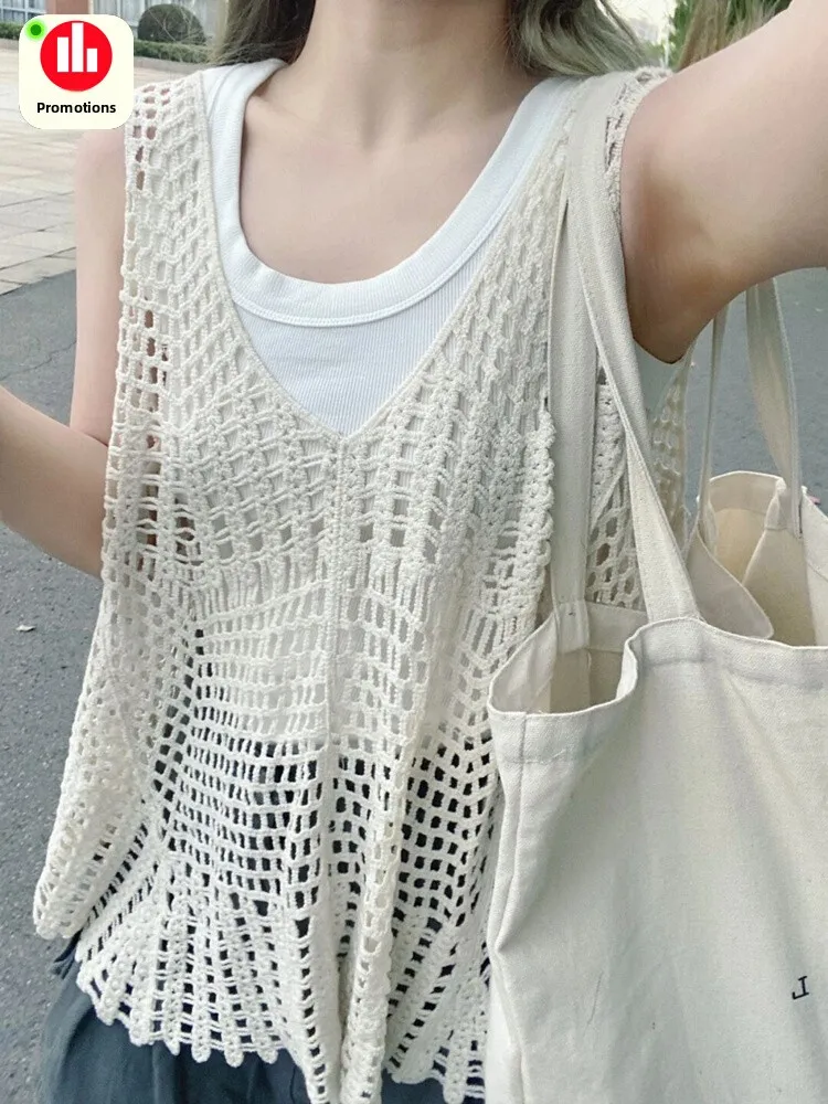 

Красивый ажурный вязаный топ, женская летняя футболка с ремешком из ледяного шелка, повседневная футболка с бахромой
