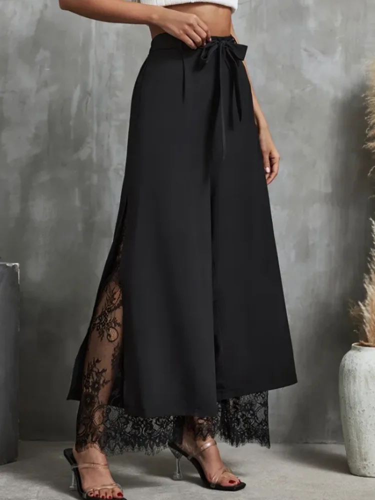 Women Wide Leg Trousers Elastic Back Waist Side Slit Lace Spliced High Waist Belted Pants Party Street Outfit