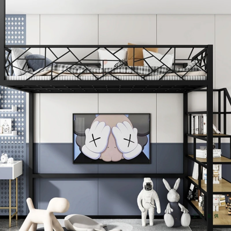 

Nordic multifunctional elevated bed empty wrought iron bed space saving iron frame bed